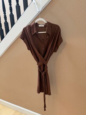 Mango Brown Tie-Waist Mini Dress
